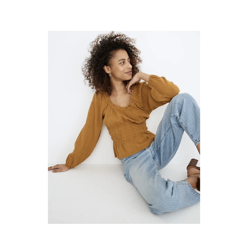 Madewell Sophia Top Textured Plaid Antique Gold Yellow Smocked M NE246